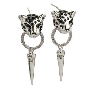 Silver-tone & Cubic Zirconia Leopard Head Drop Earrings